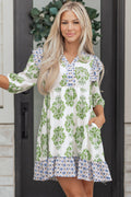 Green Floral Print Contrast Patchwork Ruffle Detail Mini Dress
