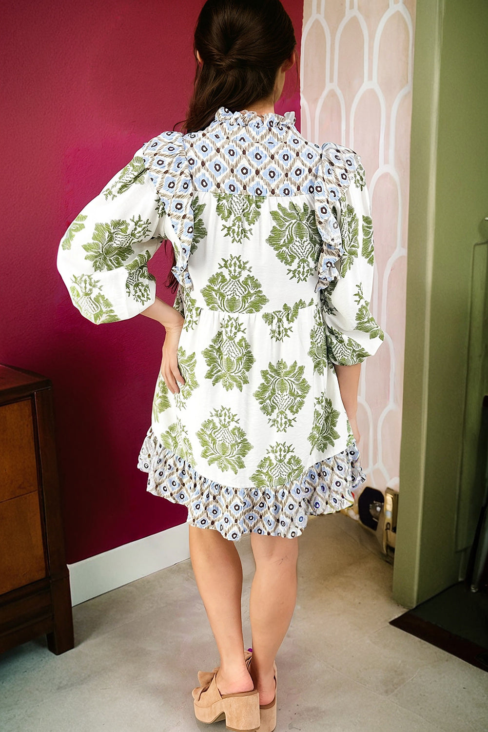 Green Floral Print Contrast Patchwork Ruffle Detail Mini Dress